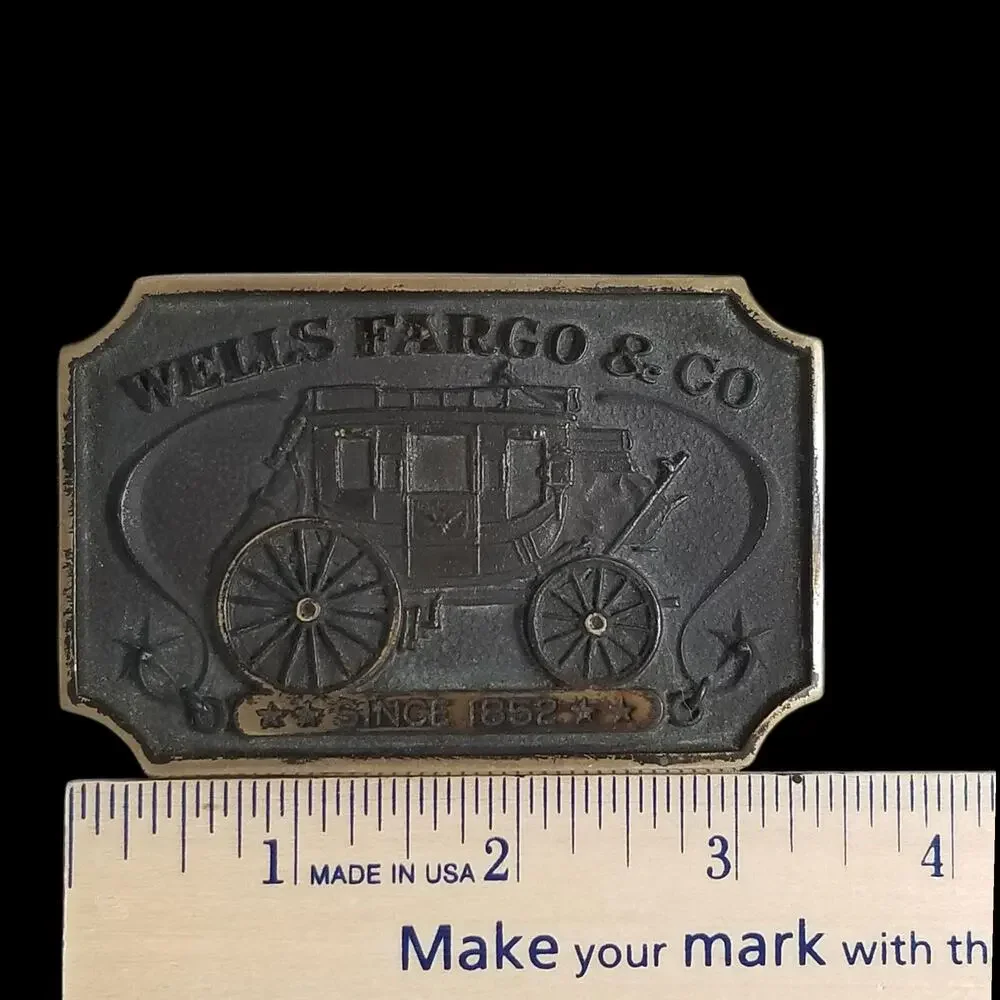 Vintage Belt Buckle 1975 Solid Brass Wells Fargo & Co Bank W/ Owner Registration
